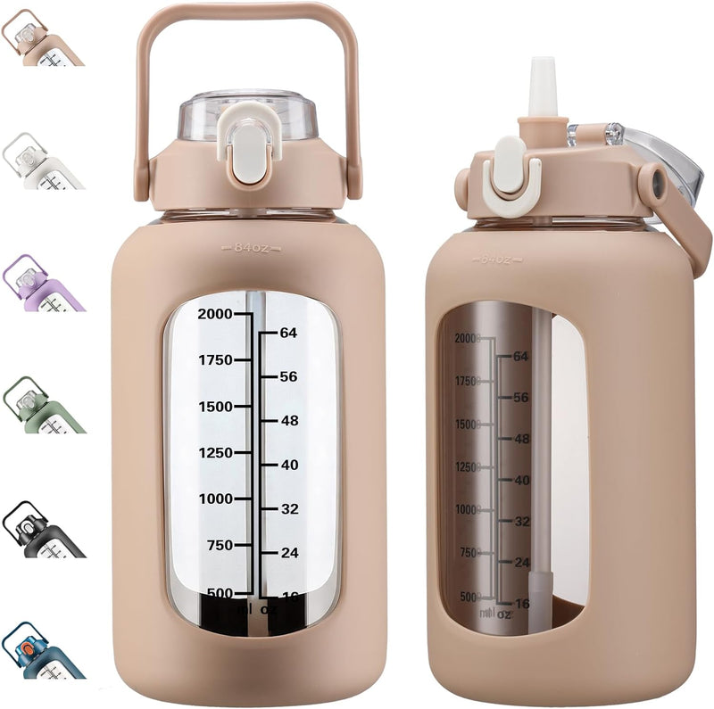 64oz Glass Water Bottles with Straw, Half Gallon Motivational Glass Bottle with Silicone Sleeve and Time Marker, 2L Leakproof Large Glass Water Jug for Gym Home Office,Black - 84 Ounces Amber