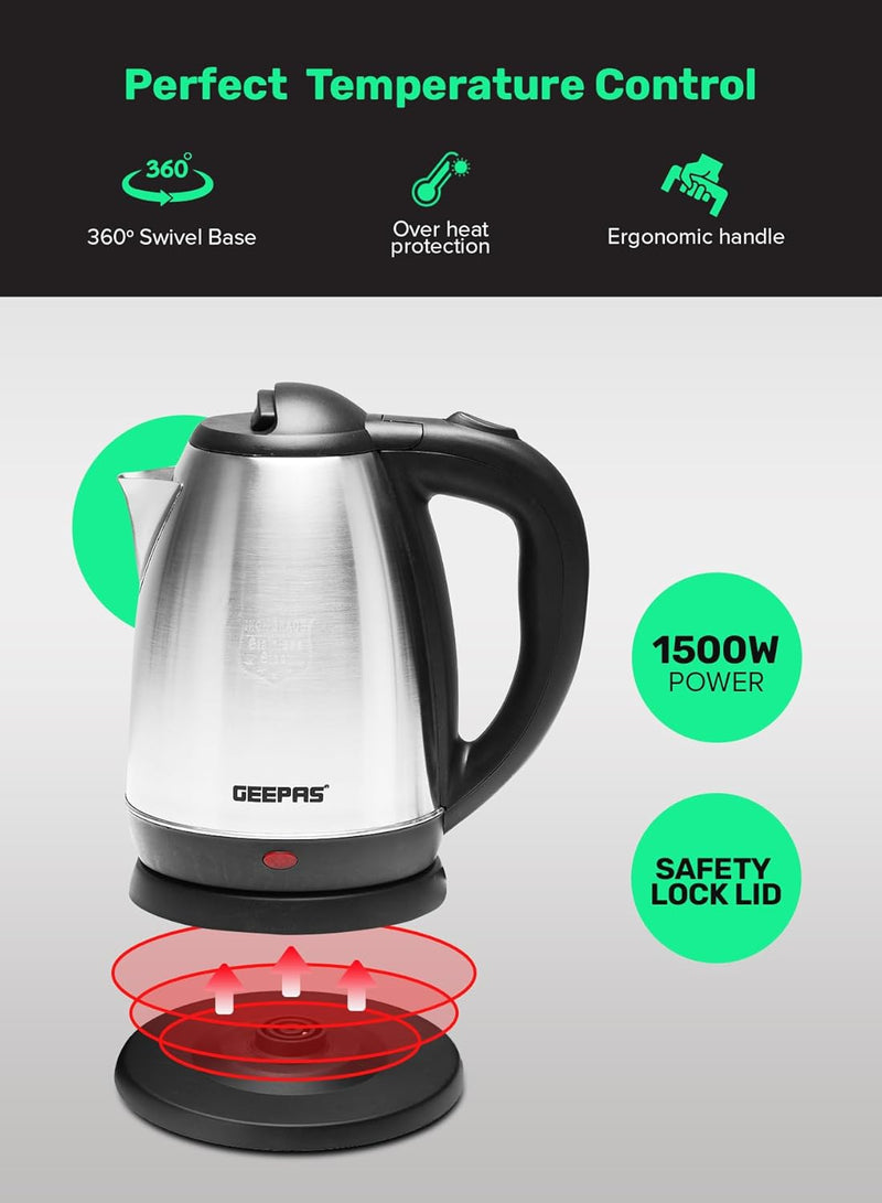 Electric Tea Kettle 1.8 L, Auto Shut Off And Boil Dry Protection, Safety Lock Lid, 360 Degree Rotational Base, Stainless Steel, Ergonomic Handle, Perfect Pour, Large Capacity 1.8 L 1500 W GK5454B
