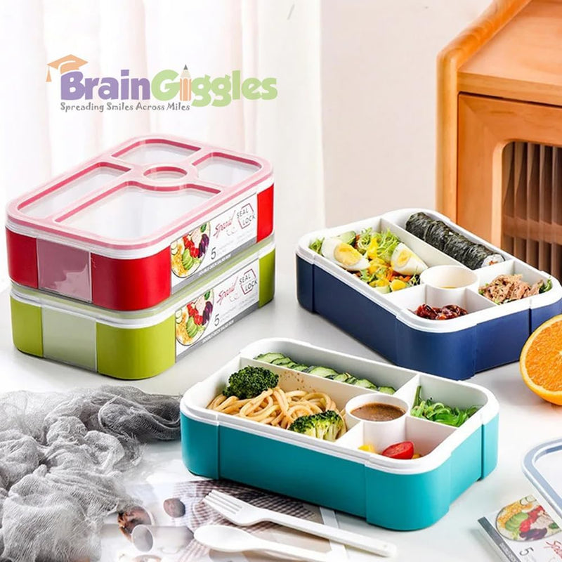 Bento Lunch Box -Leakproof, BPA-Free, Airtight Tiffin with Spoon & Fork- 5 Compartments, 1100ml, Microwave Safe Bento Box For Kids & Adults - Ideal for School & Office (Blue)