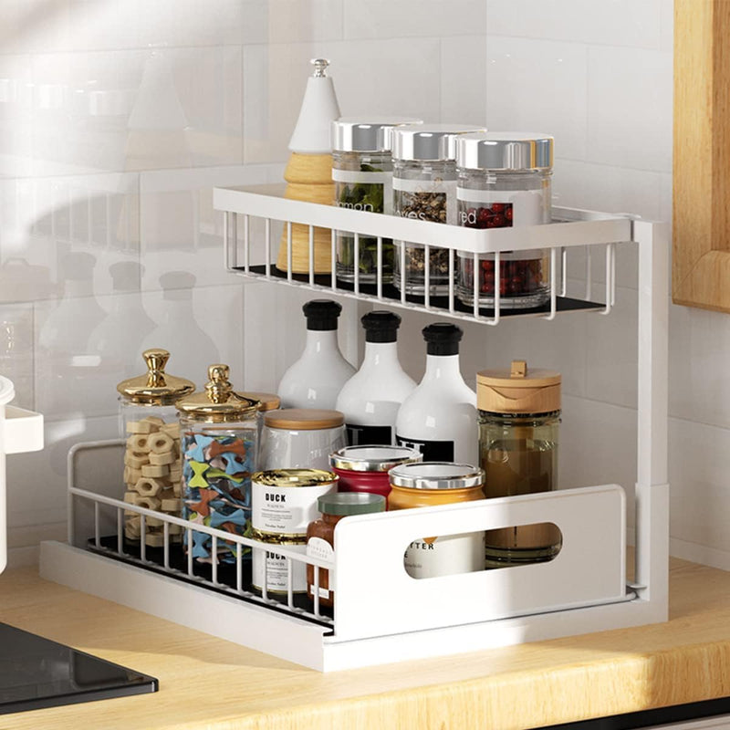 2 Tier Kitchen Storage Shelves, Under Sink Organizers and Storage, Pull Out Drawers Sliding Shelf Bathroom Countertop Organizer Rack L-Shaped