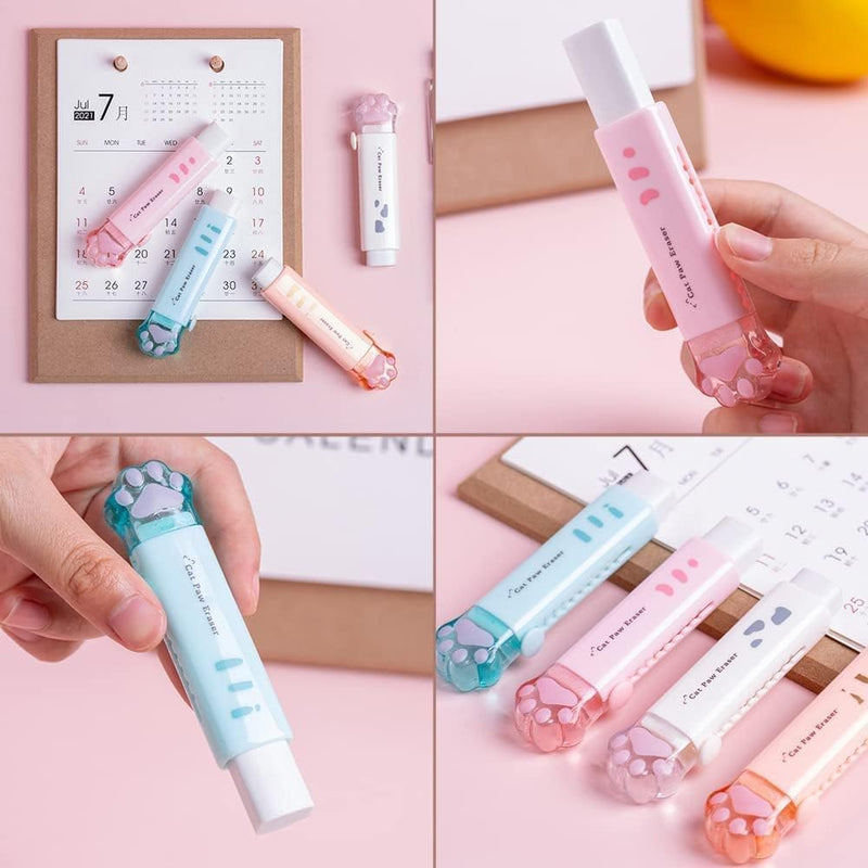 Retractable Erasers, Cute Rubber for Kids, Cat Paw Shaped Push Pull Rubber Eraser for Students Writing Office School Supplies 4 Pcs