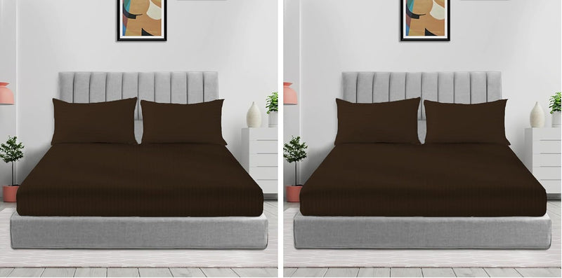 Sleep Well Microfiber Stripe Fitted Sheet with Pillowcase Set - 90x200+17cm (Beige) - Chocolate Brown 200x200+17cm (Pack of 2)