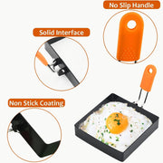 4 Inch Square Egg Rings with Foldable Silicone Handle, Non Stick Stainless Steel Egg Molds for Frying, Breakfast Sandwich Omelet Shaper for Pancakes & Muffins, 2 Pack