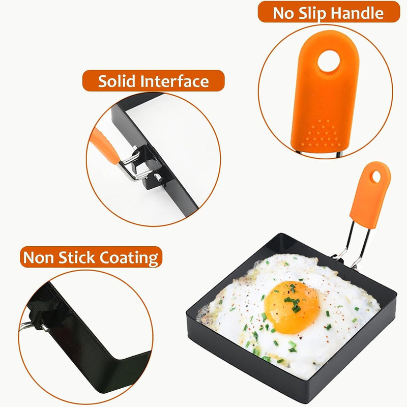 4 Inch Square Egg Rings with Foldable Silicone Handle, Non Stick Stainless Steel Egg Molds for Frying, Breakfast Sandwich Omelet Shaper for Pancakes & Muffins, 2 Pack