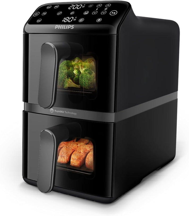 Stacked Dual Basket Airfryer - 5L + 5L, 2 Stacked Basket Drawers, 6 Preset Functions and 13 ways to cook, Touchscreen, Black - NA460/09