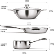 MILTON Pro cook Procook Triply Induction Base Cookware Set of 3 Stainless Steel Sauce Pan 14 cm, Fry Pan 24 cm, Kadhai 24 cm with Glass Lid 24 cm, Silver Dishwasher Safe Food Safe Flame Safe