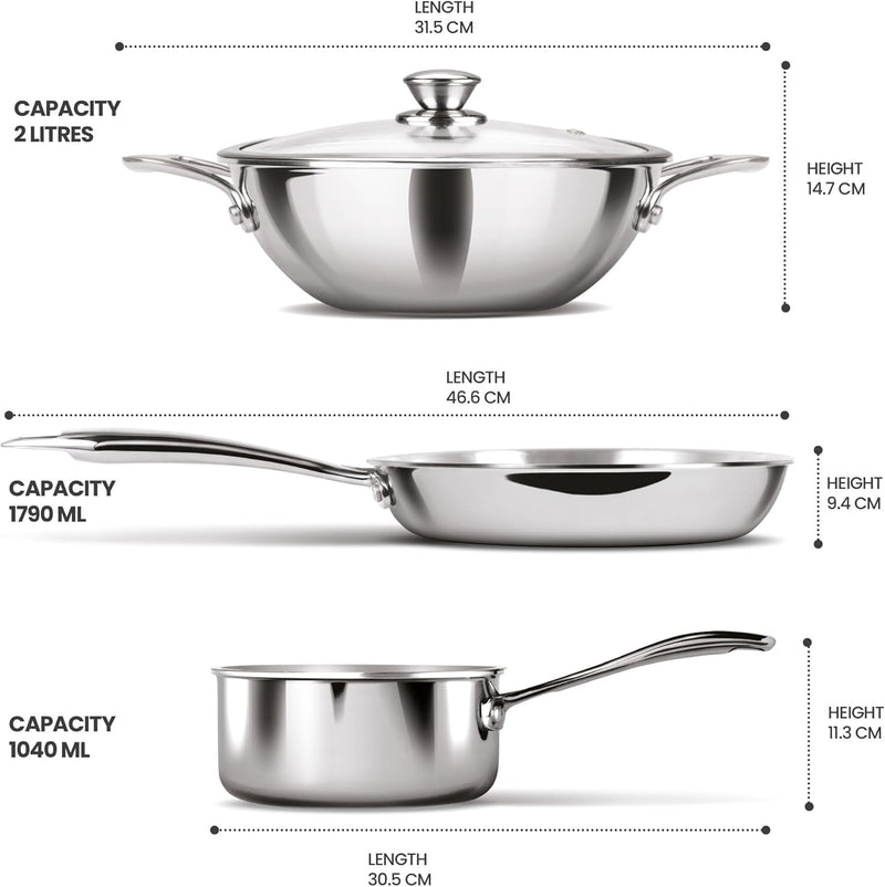 MILTON Pro cook Procook Triply Induction Base Cookware Set of 3 Stainless Steel Sauce Pan 14 cm, Fry Pan 24 cm, Kadhai 24 cm with Glass Lid 24 cm, Silver Dishwasher Safe Food Safe Flame Safe