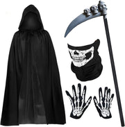 VUCATIN Kids Adult Death Scary Halloween Costumes, Black Halloween Grim-Reaper Costume Set, Velvet Hooded Cape Skull Face Mask Skeleton Hand Gloves Prop for Men Women - 4pcs adult set