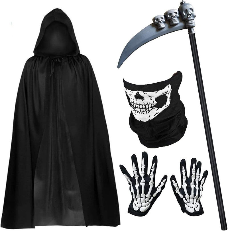 VUCATIN Kids Adult Death Scary Halloween Costumes, Black Halloween Grim-Reaper Costume Set, Velvet Hooded Cape Skull Face Mask Skeleton Hand Gloves Prop for Men Women - 4pcs adult set