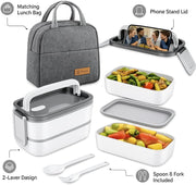 SKY-TOUCH Stainless Steel Lunch Box, Double Layer Leakproof Bento Box with Compartments and Cutlery Set for Adult Kids, Microwave Safe and Dishwasher BPA-Free