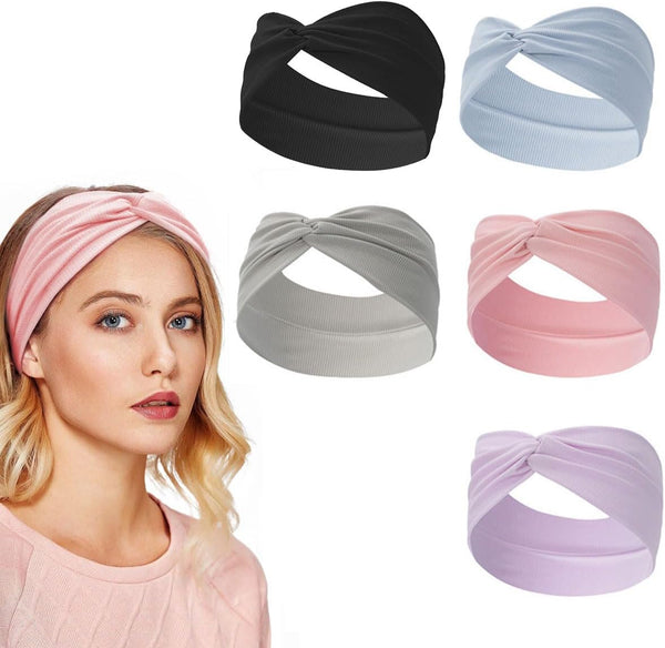 5PCS Women's Non-Slip Headbands - Hair Bands for Sports, Workout, Yoga, Running - Soft Cotton Blend Fabric - Multi-Purpose Hair Accessories - Twist Knotted Headbands