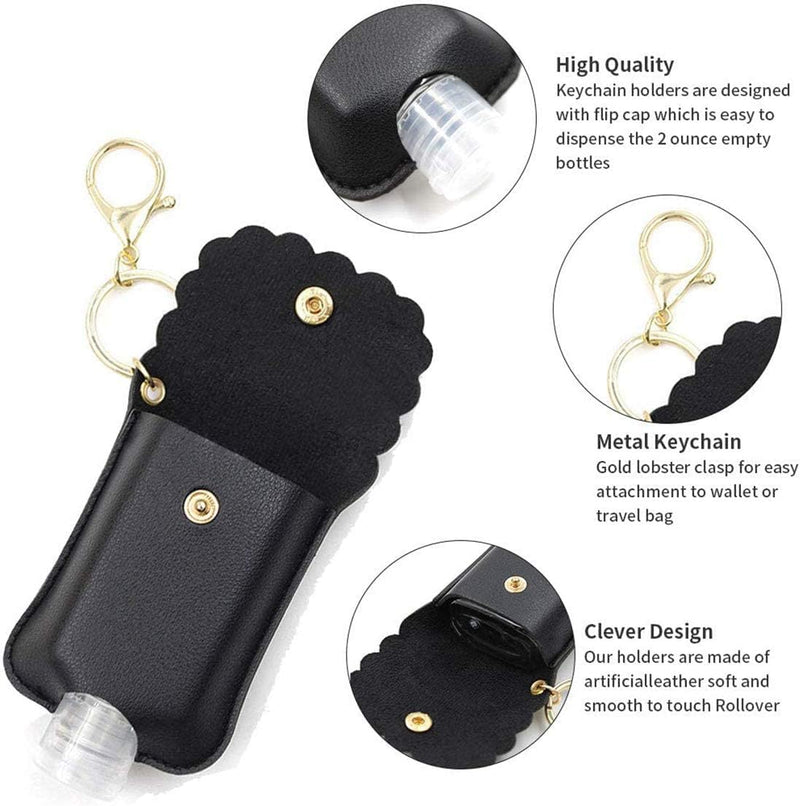 Khazna Portable Squeeze Bottle, Plastic Travel Bottle with Leather Keychain Holder for Hand Sanitizer, Essential Oil, Refillable Bottle Clips to Travel Bag (1 Pack Pink+1 Pack Black)