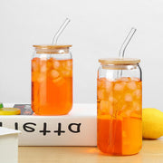 TAPIT Drinking Glasses with Bamboo Lids and Glass Straw, 13.5oz/17oz Beer Can Shaped Glass Cups, Tumbler Cup Ideal For Beer, Tea, Soda, Iced Coffee Include 2 Cleaning Brushes (2pcs,400ml*2)