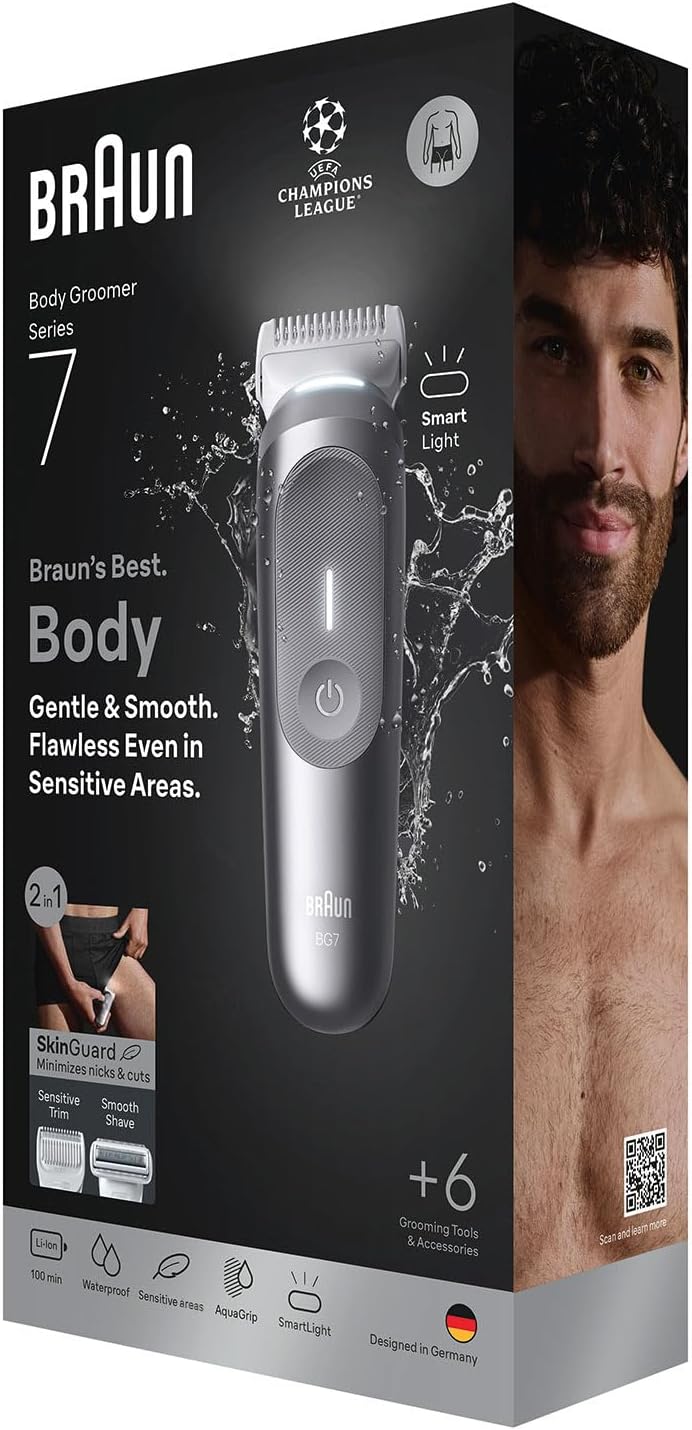 Braun Series 7 Body Groomer for Men, Body, Chest, Armpits, legs & Pubic Hair Trimmer with Smartlight & SkinGuard, 8-in-1 Grooming Kit, Waterproof with 6 Attachments, 100-Min Runtime, BG7550 Grey