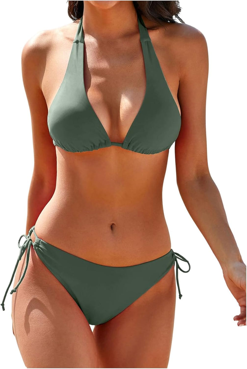 GORGLITTER Women's 2 Piece Swimsuits Halter Tie Side Thong Beach Bikini Set