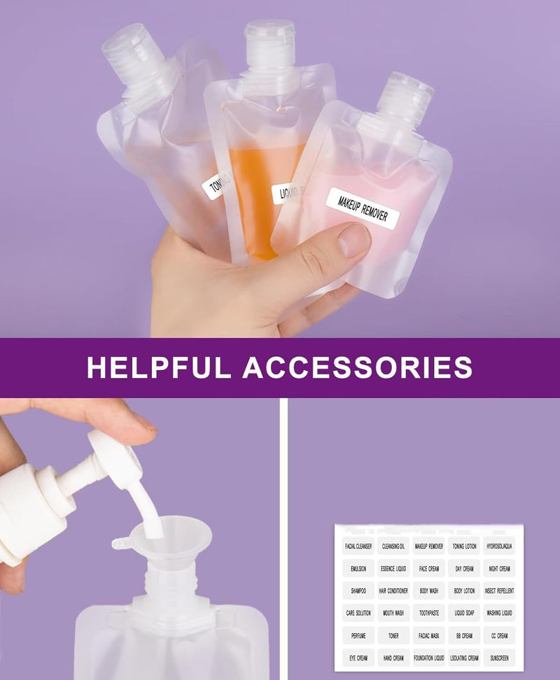 athus 10 Pack Travel Pouches for Toiletries with Funnels, 50 ML TSA Approved Travel Size Portable Refillable Empty Containers Squeeze Pouches Travel Bottles for Shampoo Conditioner Lotion Soap Liquids