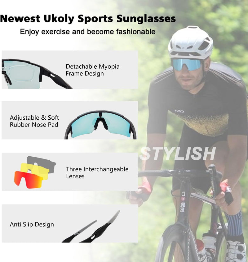 Ukoly Cycling Sunglasses for Men Women with 3 Interchangeable Lenses, Polarized Sports Sunglasses, Baseball Sunglasses