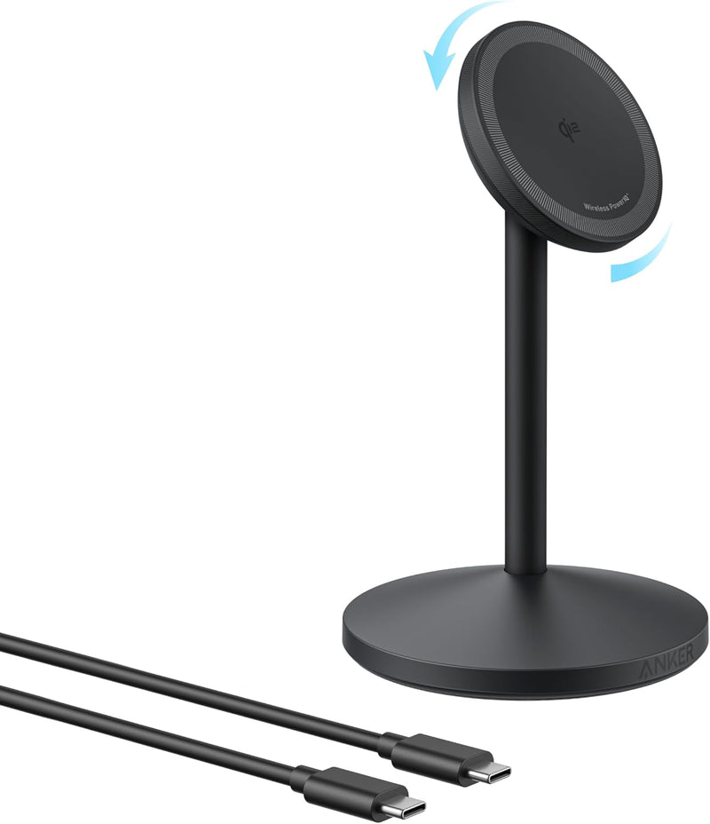 Anker MagGo Wireless Charging Station, 15W Qi2 for MagSafe, Stand with USB-C Cable, Magnetic Charger for iPhone 16/15/14, AirPods (without Power Supply) - black
