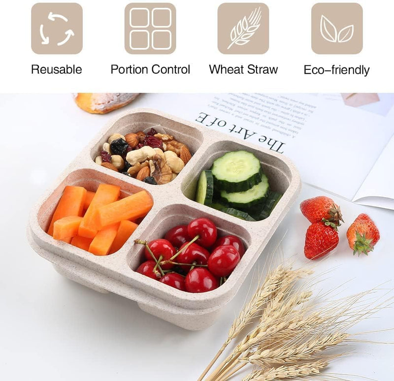 4-Pack 4-Compartment Bento Snack Containers, Reusable Divided Lunch Boxes for Kids Adults, Meal Prep Containers for Travel, Work, Small Food Storage