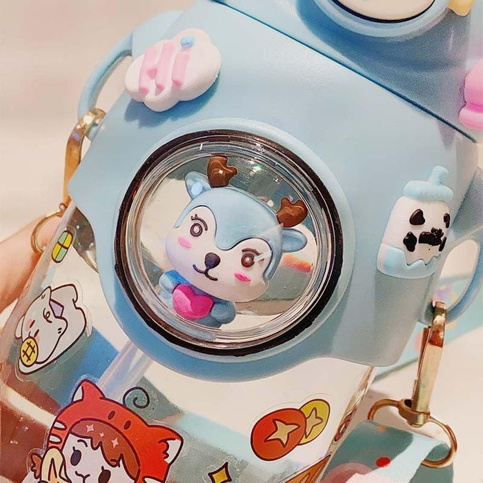 Twisoo Cute Rabbit Cartoon Kids Water Bottle with Straw and Adjustable Strap Food Grade Tritan One-Click Open Portable Leak Proof Insulated BPA Free For Kids Girls School Travel 500ml (Blue)