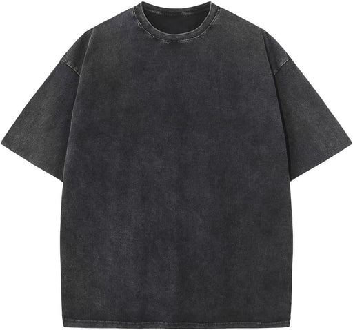 Mens Cotton T-Shirt, Oversized, Unisex, Short-Sleeved, Casual, Loose Fit, Washed, Solid Color - A-black