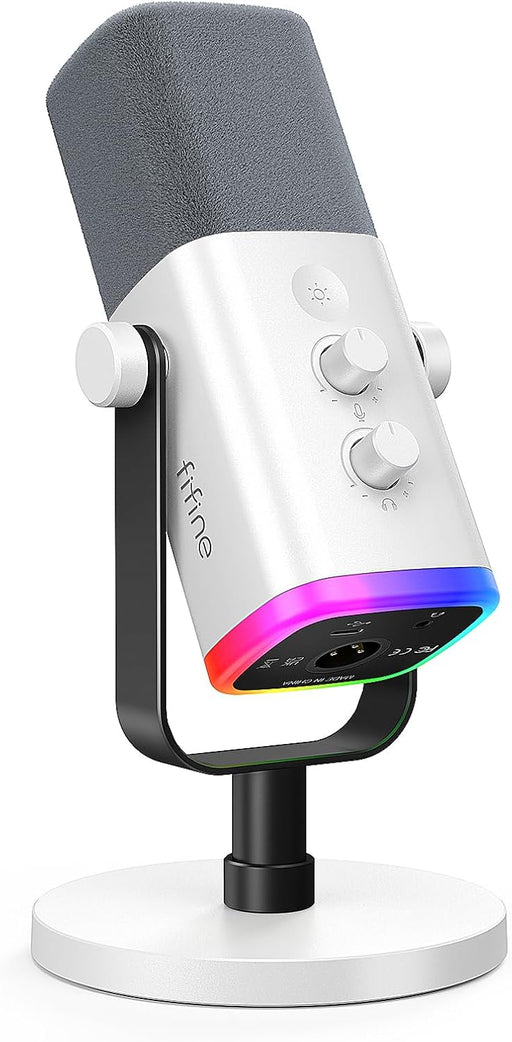 FIFINE XLR/USB Dynamic Microphone for Podcast Recording, PC Computer Gaming Streaming Mic with RGB Light, Mute Button, Headphones Jack, Desktop Stand, Vocal Mic for Singing YouTube-AmpliGame AM8 - White