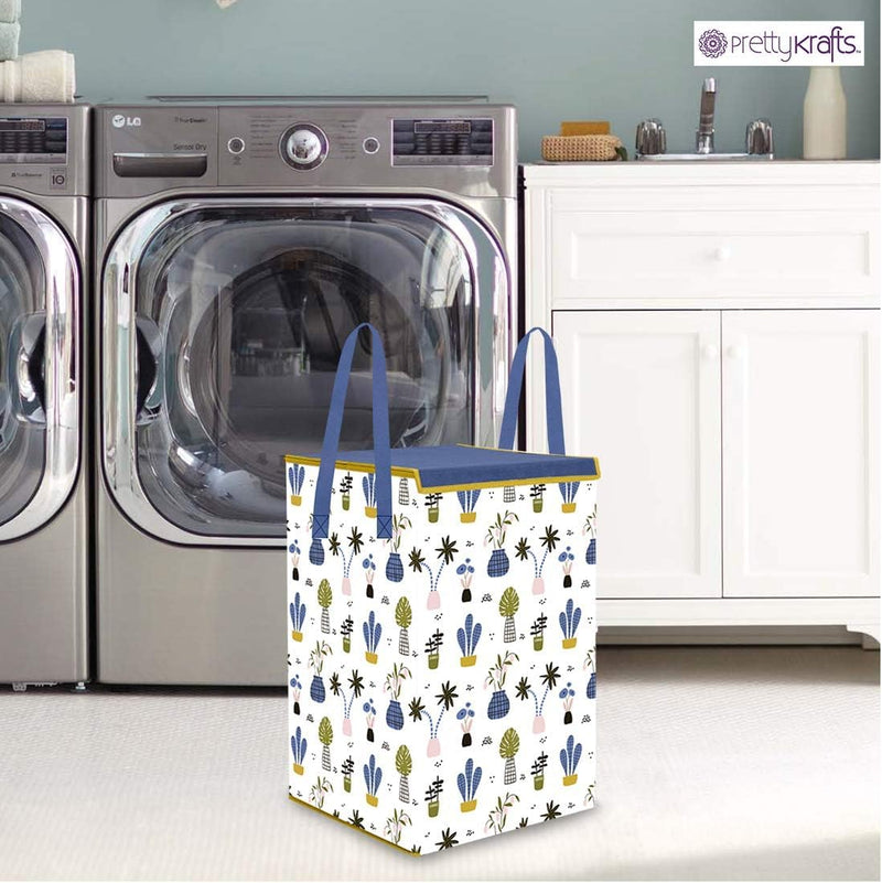 PrettyKrafts Fabric L1113 Laundry Basket For Clothes, Toy Storage Box With Lid & Handles, Toy Storage Box, 75 Ltr,Mushroom Print,White, Set of 1