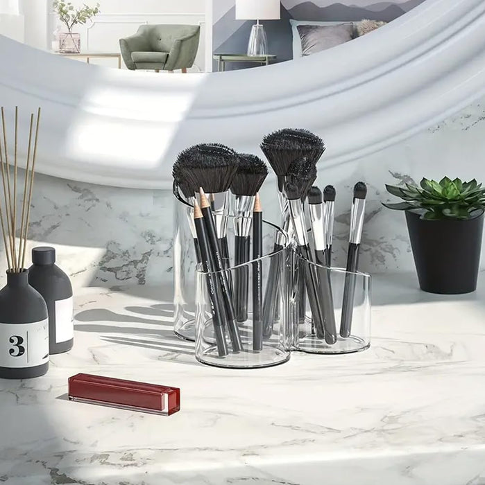 AMERTEER Makeup Brush Holder, Makeup Brush Organizer, Acrylic Makeup Organizers,3 Slots Makeup Organizer Pot, Circular Clear Acrylic Make Up Brush Organization Vanity Bathroom Bedroom Office Table Top