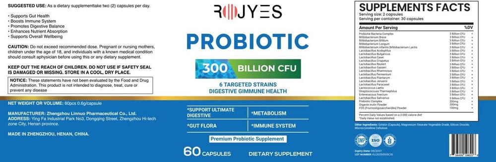 Probiotic 300 Billion CFU Supplement, Probiotics for Gut Health and Digestive Balance, Immune Support, Bloating and Digestion Support, Daily Digestive Health Supplement, 60 Capsules