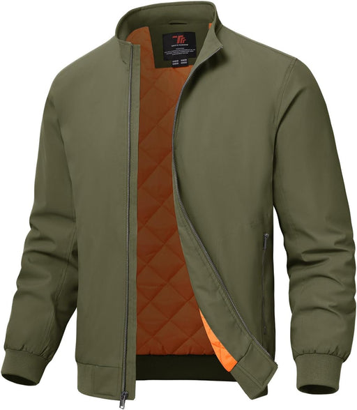 Men's Quilted Bomber Jacket, Casual Padded Winter and Fall Jacket, Full-Zip Windproof Work Coat - Green
