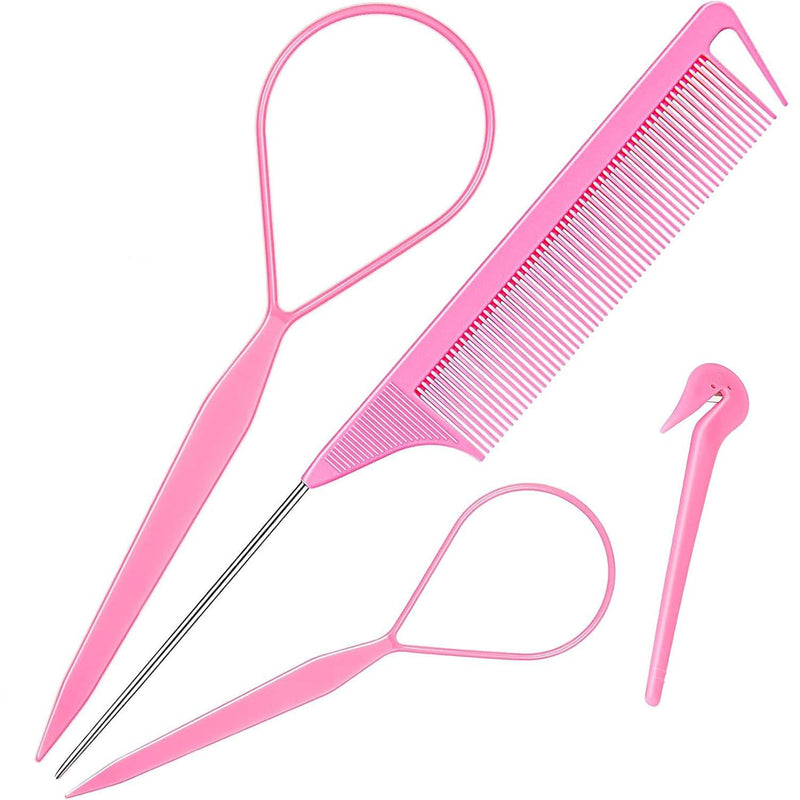 Hair Styling Braid Comb Tool, Set of 4, Rubber Bands Remover Edge Hairbrush Hair Tail Tools Ponytail Maker Accessories for Girls Women Professional and DIY Hairstyling