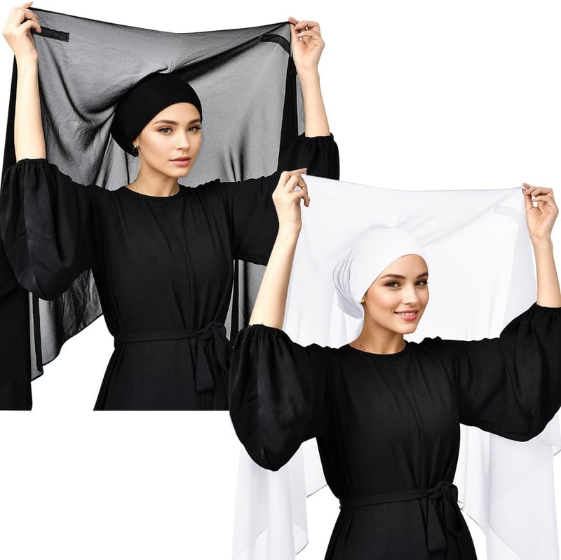 2Pcs Women Instant Chiffon Hijab with Built-in-Magnet and Sewn Undercap Head Wrap Under Scarf Caps