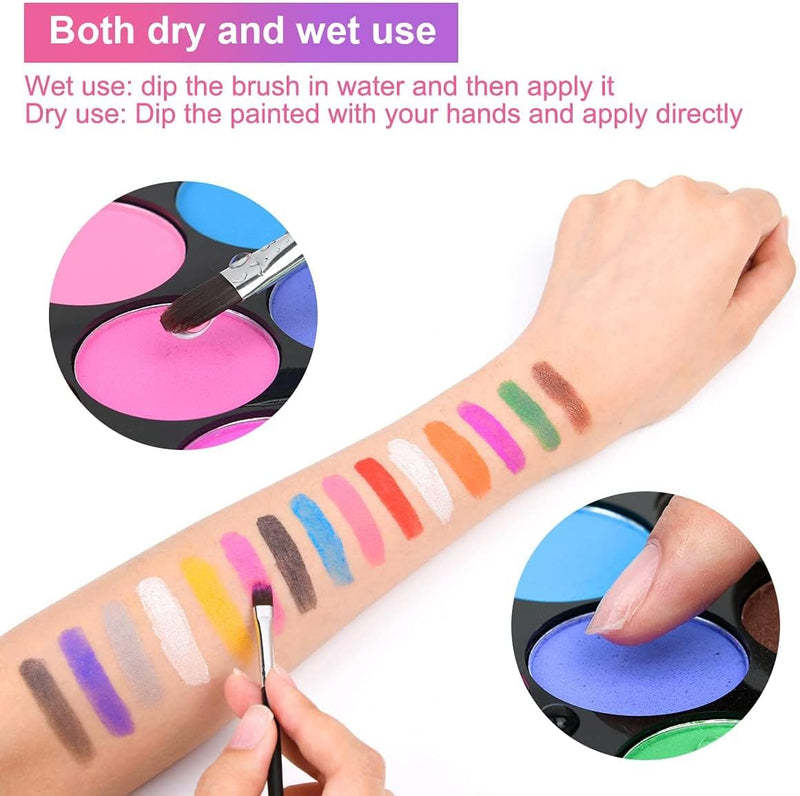 Mumoo Bear Face Paint Kit, 15 Color Painting Palette with 2 Brushes 32 Stencils, Washable Paints Safe Body for Adults Kids Halloween Party Carnival, Makeup Non-Toxic to Use