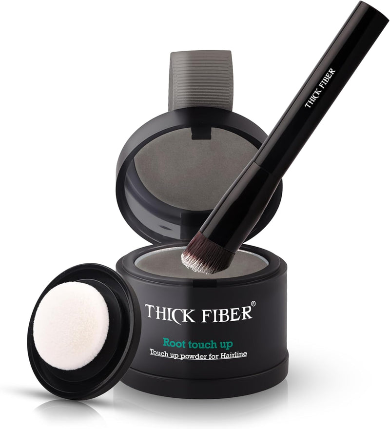 THICK FIBER Root Touch Up & Hairline Powder for Grey Root Coverage & Thin Hair Water & Sweat Resistant with Precise Brush Hair Loss Concealer for Roots, Bald Spots & Fill-In (Dark Brown) - Gray 4g (Pack of 1)