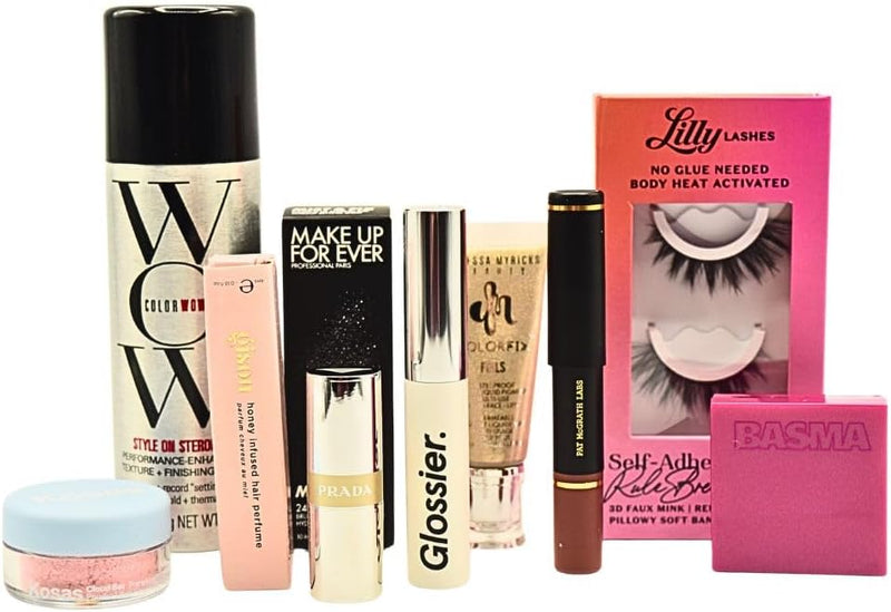 Glitz & Glam 10 Piece Holiday Gift Set: Makeup, Hair & Skincare Essentials with Red Lipstick, Blush, Powder & Lashes