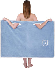 Women's Wearable Bath Towel Dress, Light Blue Coral Fleece Body Wrap Robe with Pocket Design, Quick Dry Soft Shower Wrap Skirt for Spa, Sauna, Beach, Hotel, Towelling Cover-Up for Ladies