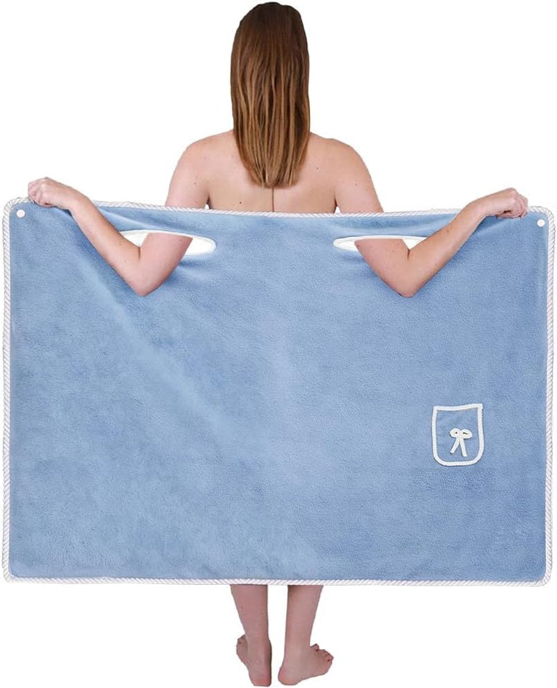 Women's Wearable Bath Towel Dress, Light Blue Coral Fleece Body Wrap Robe with Pocket Design, Quick Dry Soft Shower Wrap Skirt for Spa, Sauna, Beach, Hotel, Towelling Cover-Up for Ladies