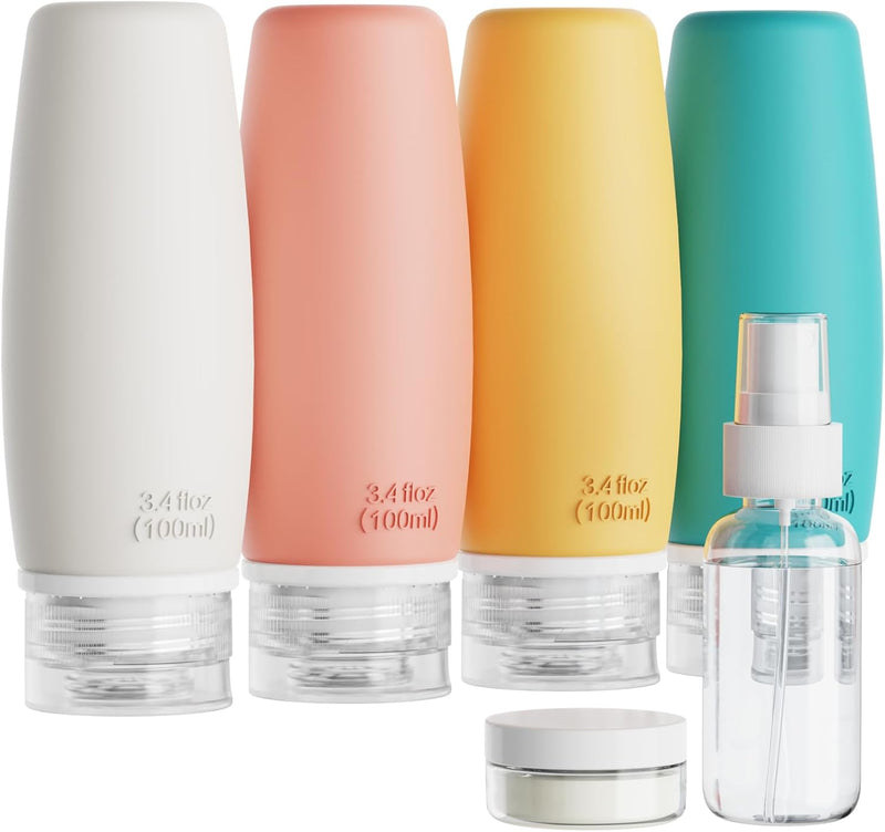 PACKISM TSA Approved Toiletry Bottles - 9 Pack Leakproof 3.4oz Silicone Travel Bottles for Toiletries, Travel Accessories with Clear Makeup Bags for Shampoo Conditioner Lotion Body Wash BPA Free