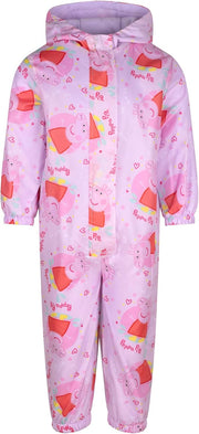 Girls Hooded Fleece Lined Raincoat Jumpsuit Girls One Piece Raincoat Peppa Pink - Peppa