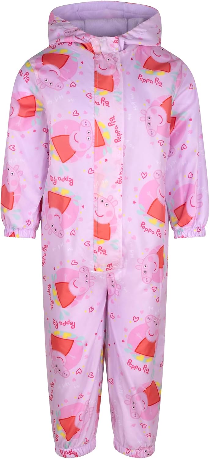 Girls Hooded Fleece Lined Raincoat Jumpsuit Girls One Piece Raincoat Peppa Pink - Peppa