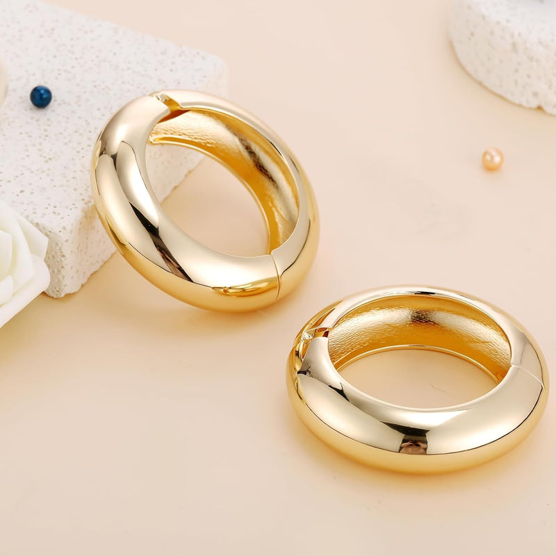 2 Pcs Chunky Gold Bangle Bracelets Hinged Cuff Open Wide Chunky Cuffs Bracelet for Women Arm Wrist Bangle Gift