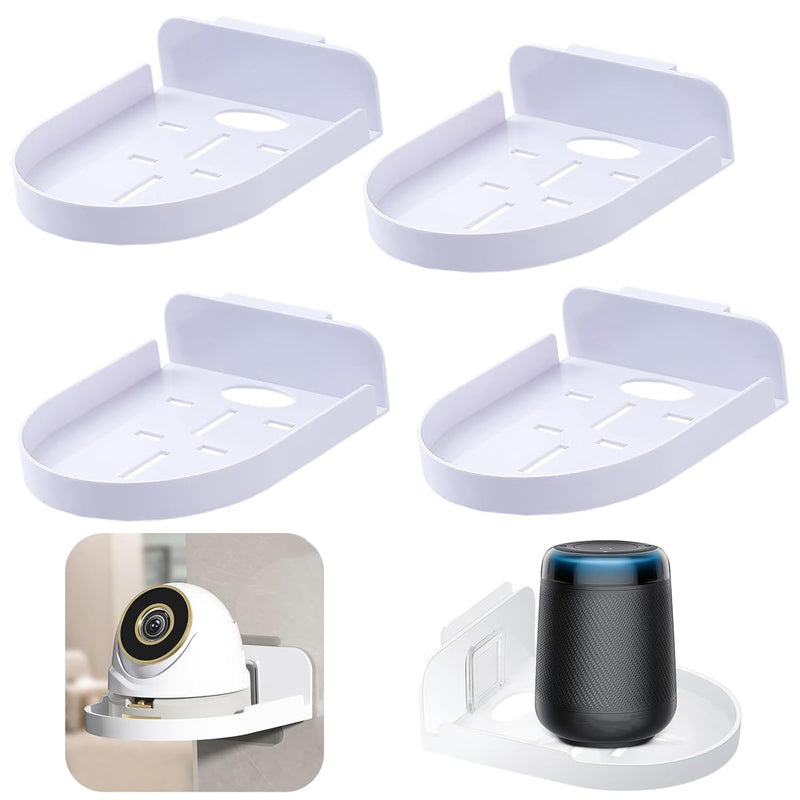 PINKE 4 Pcs Security Camera Wall Mount, Baby Monitor Wall Mount, Shelf Speaker Stand Adhesive Small Wall Shelf for Bedroom Kitchen Living Room with Cable Clips (White)