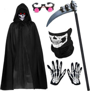 VUCATIN Kids Adult Death Scary Halloween Costumes, Black Halloween Grim-Reaper Costume Set, Velvet Hooded Cape Skull Face Mask Skeleton Hand Gloves Prop for Men Women - 5pcs