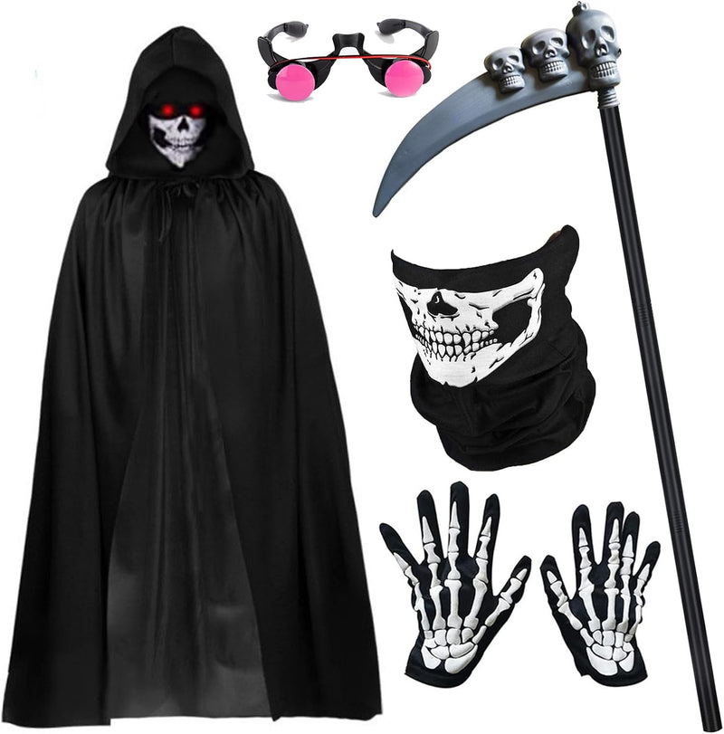 VUCATIN Kids Adult Death Scary Halloween Costumes, Black Halloween Grim-Reaper Costume Set, Velvet Hooded Cape Skull Face Mask Skeleton Hand Gloves Prop for Men Women - 5pcs