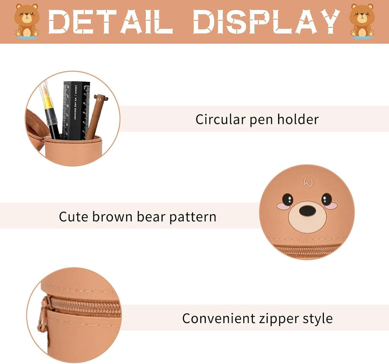 Kawaii Silicone Pencil Case, Stand Up Pen 2-In-1 Table Holder, Zip, Bag, Colouring Pencils, Marker, Case Animals, Panda, Briefcase, Office Supplies, Brown Bear