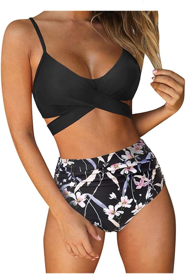 Women High Waisted Wrap Bikini Set Back Tie 2 Piece Swimsuits Low Neck Push Up Bathing Suits Solid Swimwear Print Criss cross Swimming suit Beachwear