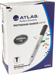 Atlas Dry Erase Low Odour White Board Markers with Bullet Tip - Pack of 12 (Blue)