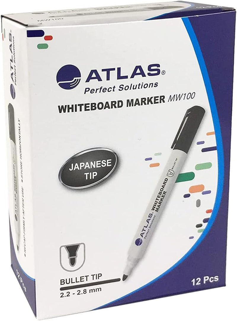 Atlas Dry Erase Low Odour White Board Markers with Bullet Tip - Pack of 12 (Blue)