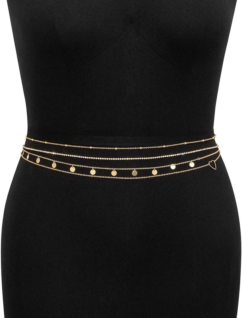 Waist Chain for Women, Metal Waist Chain Belts Set of 4, Gold Body Jewelry for Beach Parties and Evening Events, Alloy Material Layered Design for Daily Wear and Special Occasions