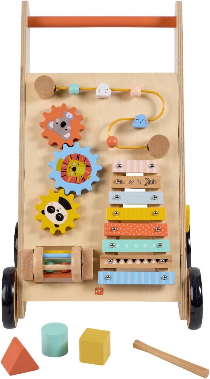 EUREKA KIDS Safari Wooden Baby Activity Walker W/Xylophone Push And Pull Walker Learning Activities Educational Toy For Boys And Girls Toddlers For 12M+